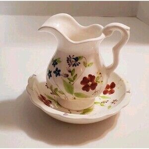 Elizabeth Arden Pitcher & Basin Bowl Hand Painted W/ Floral Print Taiwan 2pc Set